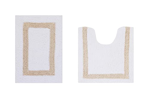 Better Trends 100% Cotton Hotel Collection Bath Mats Set, White & Sand Mats - Tufted, Reversible & Absorbent & Machine Washable 2 Piece Bathroom Rug Set, Toilet Base & Sink Bath Mat Rug - color: White & Sand, size: 2 Piece Set (17" x 24" | 20" x 20")