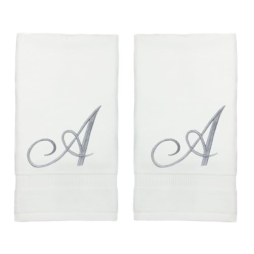 Monogrammed Fingertip Towels, Personalized Gift, 11 x 18 Inches - Set of 4 - Silver Script Embroidery - Extra Absorbent 100% Turkish Cotton- Soft Terry Velour- for Bathroom, Kitchen and Spa- A White - style: Initial A