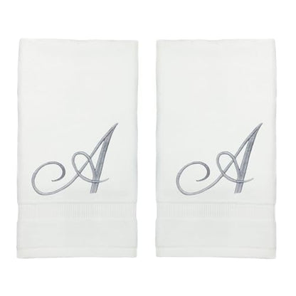 Monogrammed Fingertip Towels, Personalized Gift, 11 x 18 Inches - Set of 4 - Silver Script Embroidery - Extra Absorbent 100% Turkish Cotton- Soft Terry Velour- for Bathroom, Kitchen and Spa- A White - style: Initial A