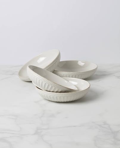 Lenox French Perle Groove White Stoneware Pasta Bowl Set for 4, 48oz | dishwasher safe, microwave safe | kitchen and dining essential | 2.06 inch, 48oz, salad bowl, gift for women - style: Pasta Bowls, Set of 4