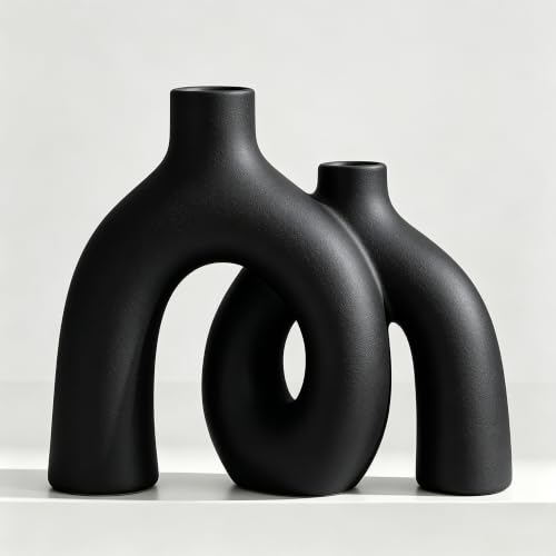Matte Black Vase Set - Hug Hollow Donut Aesthetic Ceramic Vases Home Decor, Modern Nordic Minimalist Decorative Vase for Table Centerpiece Bookshelf Office Entryway Console Fireplace (Black) - color: Black
