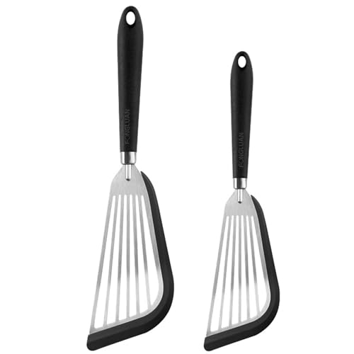 Stainless-Steel Slotted Flex Fish Turner, Set of 2, Kitchen Spatulas for Nonstick Cookware, Cooking Utensils for Flipping Eggs & Pancakes, Heat-Resistant, BPA Free, Dishwasher Safe, Black