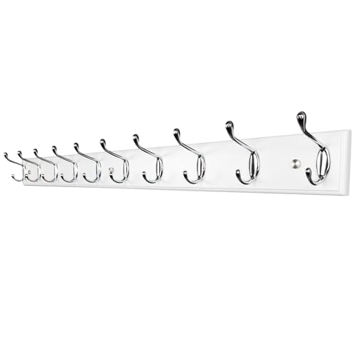 37 Inch Long Wooden Wall Mounted Coat Rack with 10 Silver Chrome Hooks for Entryway and Bedroom to Hang Coats, Hats - Heavy Duty Hooks School Bag - size: Long-37.4in(95cm),10 Silver Hooks, style: Modern