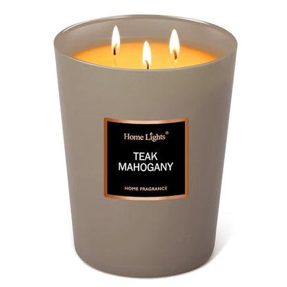 HomeLights Premium Scented Candles - 33.3 oz Natural Soy Wax, Aromatherapy for Home, Long Lasting Smokeless, 130 hrs Burn Time, 3 Cotton Wicks, Gifts for Women & Men - Teak Mahogany - color: Teak Mahogany