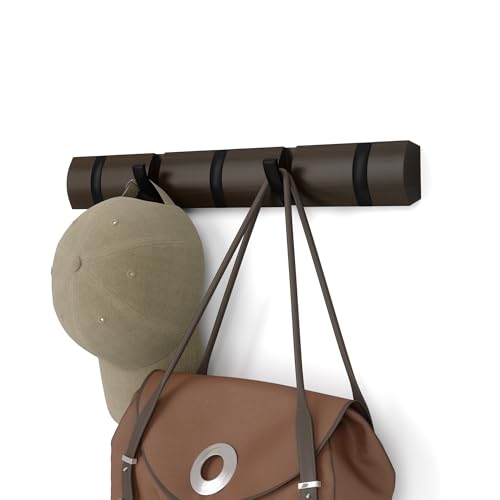 Umbra Flip Coat Rack, Wall Mounted 5-Hook Space Saving, Walnut/Black | Real wood and steel build, retractable hooks fold flat, holds coats bags and scarves, easy install - color: Walnut/Black, size: 5-Hook