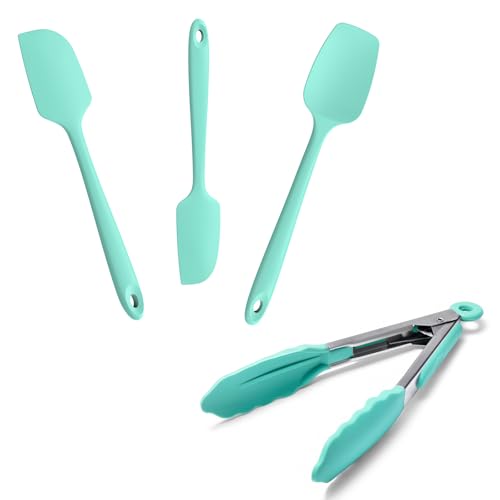 Doosu 7in Kitchen Tong for Cooking - 600°F Heat Resistant Food Tong with Non-Scratch Silicone Tips & 3-Piece Silicone Spatula Set Kitchen Food Grade BPA Free Baking Supplies Cooking Tools (Aqua Sky)