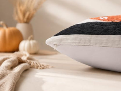 Embroidery Fall Pumpkin Pillow Covers Set of 2(Black & White,20x20) | Soft chenille, black-and-white stripe design, applique pumpkin and sunflower embroidery, hidden zipper, for sofa and bed - size: 20" x 20" (Pack of 2)