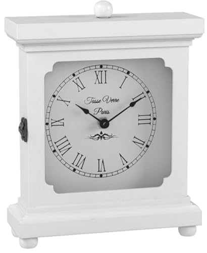 White Clock for Shelf Table Or Desk 9"x7" - Farmhouse Decor Wood Mechanical Quiet Silent - Office, Bedroom Fireplace Mantel Living Family Room. AA Battery Operated Non-Digital - color: White