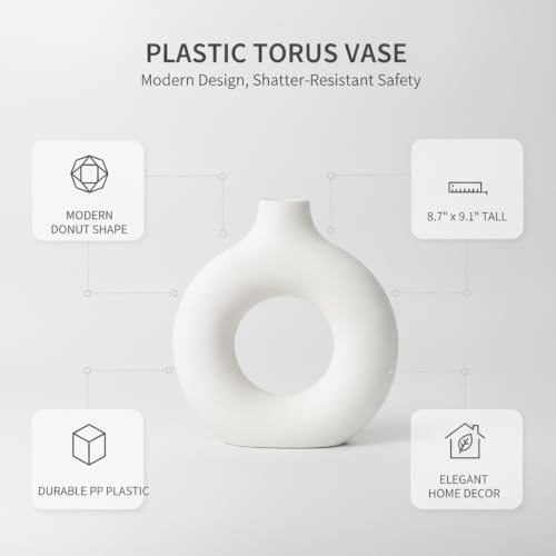 Modern Torus Ring Vase, Geometric Donut Shape Flower Holder for Home and Office Decor, White Plastic Sculptural Accent