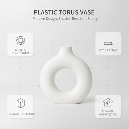 Modern Torus Ring Vase, Geometric Donut Shape Flower Holder for Home and Office Decor, White Plastic Sculptural Accent