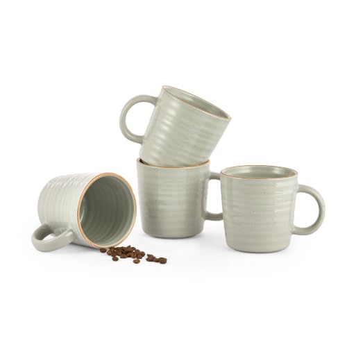 Bico Ceramic Coffee Mugs Set of 4, 17 oz Stoneware Coffee Cups with Handle and Ribbed Texture, Lead-Free Microwave and Dishwasher Safe, Warm Earthy Mug Set for Tea, Latte, Hot Chocolate (Sage Green) - color: Green