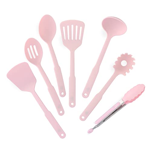 GreenLife Cooking Tools and Utensils, 7 Piece Nylon Set including Spatulas Turner Spoons and Tongs, Dishwasher Safe, Pink - color: Pink