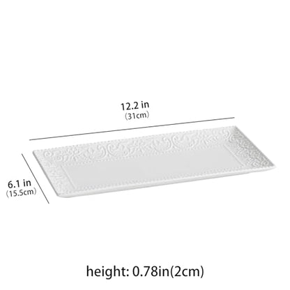 Rectangular Embossed Serving Platter Set, 12 Inch Large Serving Plates, Stackable Serving Tray for Wedding, Ceramic White Serving Platters for Entertaining, Dishwasher & Oven Safe (4PCS)