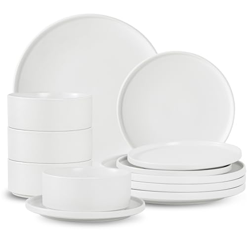 Dinnerware Sets, 12-Piece Plates and Bowls Set for 4, Matte White | Modern Minimalist Stoneware, Dish Set for 4, Dinner Plate, Salad Plate, Cereal Bowl, Microwave and Dishwasher Safe - color: White, size: Service for 4 (12PCS)