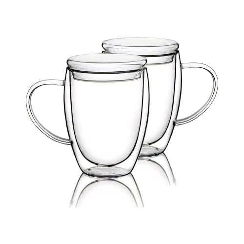 12 Oz Double Walled Glass Coffee Mugs, 2 Packs Clear Coffee Mugs with Lids Insulated Coffee Cups with Handle Perfect for Cappuccino,Tea,milk ,Espresso,Latte, Hot Beverage Set of 2 (Glass lid, 12oz) - color: 12oz