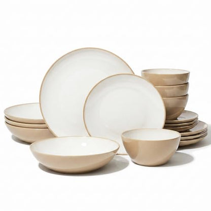 Larder & Vine Stoneware Dinnerware Set, 16 Piece, 4 Place Settings, Made in Portugal, Sand - color: Sand