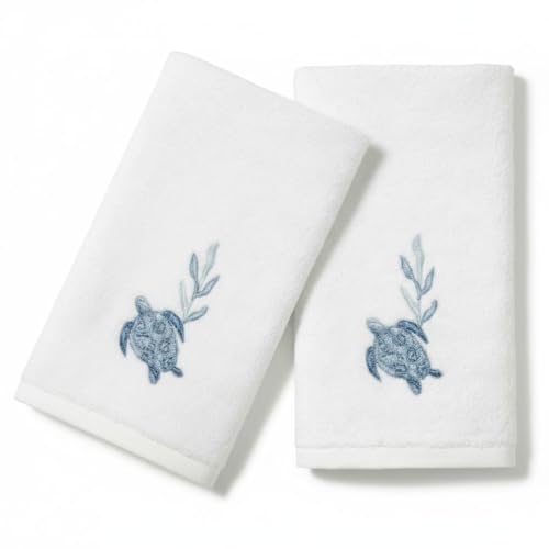 Avanti Linens – Fingertip Towel Set, 100% Cotton Velour Bathroom Towels with Embroidered Sea Turtles & Absorbent Terry Reverse, Coastal Home Decor, Set of 2 (Caicos Collection) - color: Caicos, size: 2 Pack