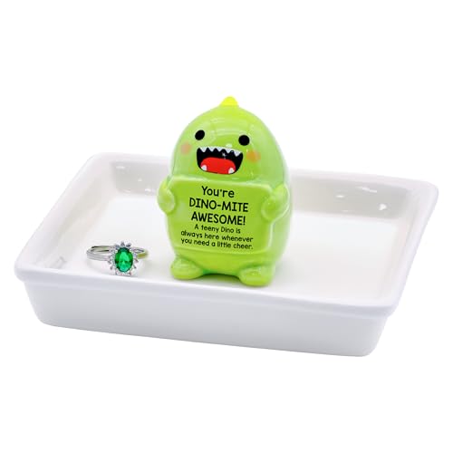 PUDDING CABIN Funny Birthday Gifts for Women Dinosaur Ring Holder Dish for Rings Earrings Necklace Bracelets Jewelry Organizer Cute Room Decor, Mothers Day Gift for Mom Friendship Christams - style: Cheer Up Dinosaur