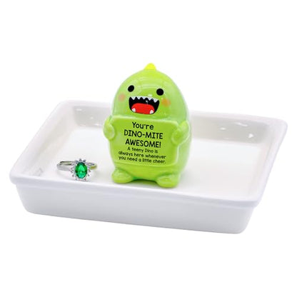 PUDDING CABIN Funny Birthday Gifts for Women Dinosaur Ring Holder Dish for Rings Earrings Necklace Bracelets Jewelry Organizer Cute Room Decor, Mothers Day Gift for Mom Friendship Christams - style: Cheer Up Dinosaur