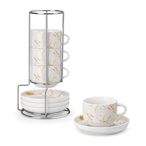MALACASA 4 OZ Porcelain Espresso Cups with Saucers and Metal Stand Set of 4, Stackable Cappuccino Cups, Marble White Expresso Shots Cup Set for Coffee Drinks, Latte, Tea - color: Marble White, size: 4 Oz