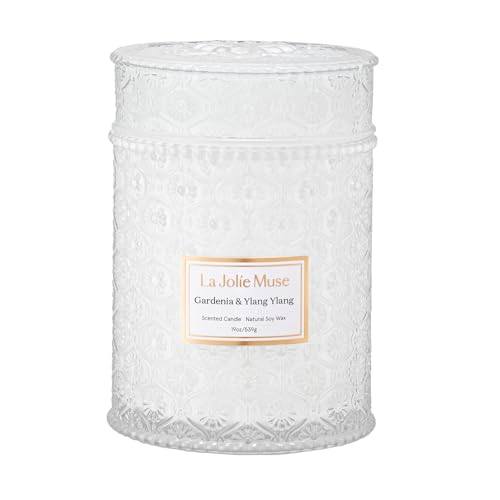 LA JOLIE MUSE Gardenia & Ylang Ylang Scented Candles for Home,19 oz Soy | Large Jar Luxury Candles, Clean Non Toxic, Gifts for Women & Mom, Decorative White Candle, Pretty Floral Candle, Wood Wick - color: Gardenia & Ylang Ylang, size: 19 oz