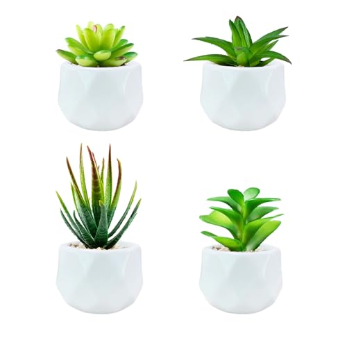 Succulents Artificial Plants Indoors in Mini White Ceramic Pots, Fake Succulents Outdoor, Aesthetic Green Succulents Decor Faux Desk Plant for Bathroom, Bedroom,Living Room,Office,Shelf (White)