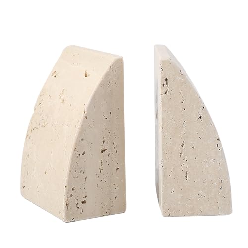 Travertine Bookends for Shelves, Large Stone Bookends for Heavy Books, Non-Slip Heavy Duty Book Stopper for CD/Movies, Aesthetic Decorative Book Ends for Bookshelf Table Home Decor(Beige) - color: Sail-travertine