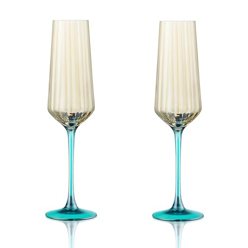 Joeyan Colored Ribbed Champagne Flutes Glass Set of 2, 6oz Gray Sparkling Wine Flute with Turquoise Long Stem, Lead-Free Prosecco Glasses for Champagne, Mimosas, Weddings, Bar Cart & Home Use - color: Gray champagne glass