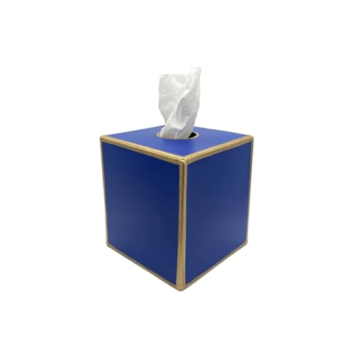 Jaye's Studio Square Tissue Box Cover, Blue Metal Gold Cube for Bathroom | Matte Hand-Painted Finish, Fits Standard Facial Holders, Polished Trim, Open Bottom, Coastal Nursery Use - color: Blue