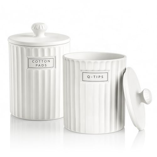 Ronasip White Ceramic Bathroom Organizer and Storage Jars with Lid, 2 Pack Qtip Holder and Cotton Pad Dispenser, Apothecary Canisters for Vanity, Kitchen Countertop, Home Decor - color: White