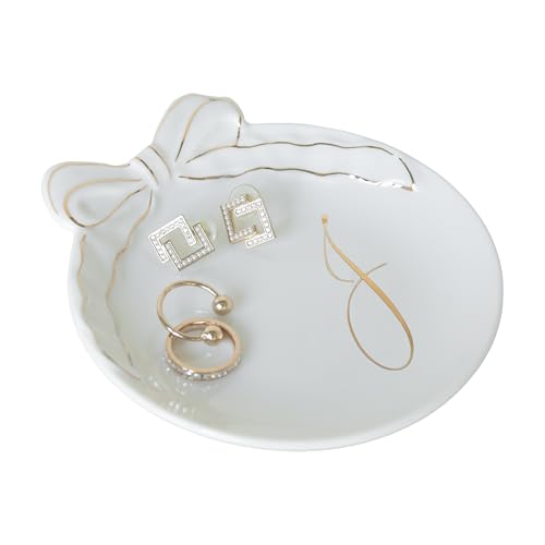 COLLECTIVE HOME Ceramic Jewelry Tray, Monogram Trinket Dish with Bow (J) | Mothers Day Graduation Christmas Birthday Gifts for Women, Bridesmaid Proposal Gifts, Features Real Gold Trim & Gift Box - color: J