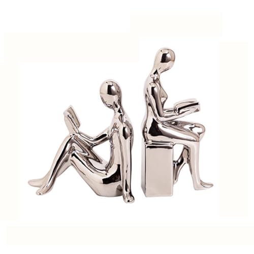 Reading Book Decorative Bookends, Ceramic Statue Book Ends, Modern Minimalist Electroplating Book Holders for Shelves, Bookshelf Bedroom Living Room Unique Bookend Decor(Silver) - color: Silver