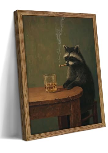 Framed Vintage Raccoon Wall Art, Moody Raccoon Canvas Prints, Funny Dark Academia Animal Poster, Classic Oil Painting Style Artwork, Whimsical Wall Decor for Living Room Bedroom Office 24x36in - color: Melancholy Raccoon, size: 36"L x 24"W