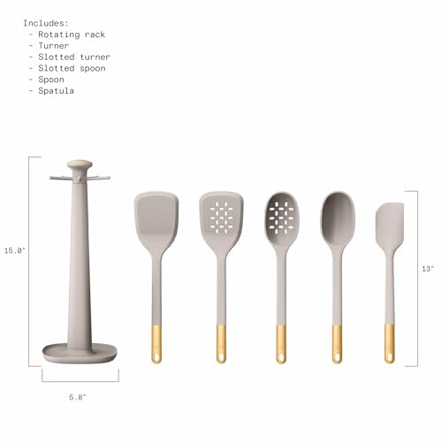 6 Piece Silicone Kitchen Utensil Set with Rotating Holder, Heat Resistant Cooking Tools, Nonstick Safe Spatula Spoon Turner Set with Storage Rack (Porcini Taupe) - color: Porcini Taupe