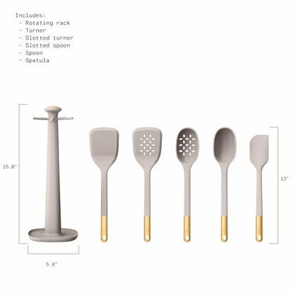6 Piece Silicone Kitchen Utensil Set with Rotating Holder, Heat Resistant Cooking Tools, Nonstick Safe Spatula Spoon Turner Set with Storage Rack (Porcini Taupe) - color: Porcini Taupe