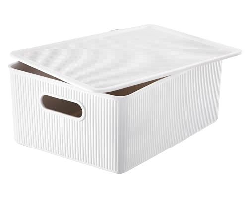 Superio Ribbed Collection - Decorative Plastic Basket Lidded Home Storage Bins Organizer, Large White (1 Pack - 15 Liter) Stackable Container Box, for Organizing Closet Storage Bins for Shelves - size: 1 Pack, style: Large (15 Liter)