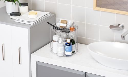 Clear 360 Rotating Bathroom Counter Organizer,2 Tier Spinning Perfume Organizer and Makeup Tower for Lotion,Hair,Face Skincare Beauty Products,Tiered Lazy Susan and Makeup Organizers for Vanity - style: Round