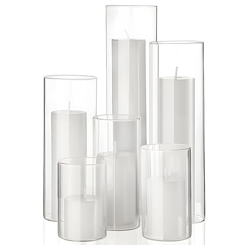 Set of 6 Pillar Candles and Glass Cylinder Vases Assorted Sizes Cylinder Holders for Pillar Candles Home Table Centerpieces Wedding Party Decorations (White) - color: White
