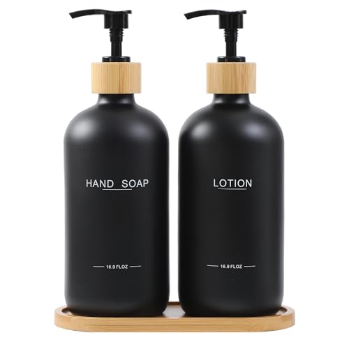 Black Soap Dispenser Bathroom Set | Bamboo Pumps & Tray, Hand Soap and Lotion Dispenser Set, Suitable for Bathroom Counter Decor - color: Hl Black