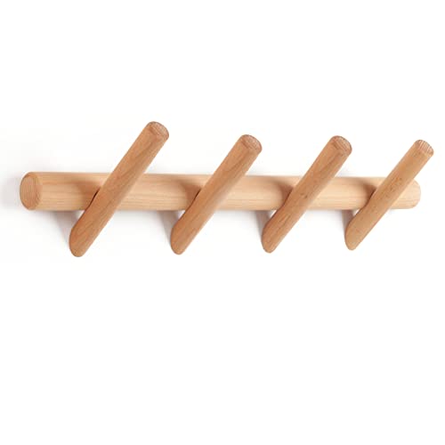 KYSMOTIC Wooden Coat Rack Wall Mounted | Modern Wood Coat Hooks for Entryway, Bedroom, Bathroom | 4 Pegs Wood Wall Hook for Hanging Clothes Robes Towels Hats - color: Natural, size: 4 Hooks