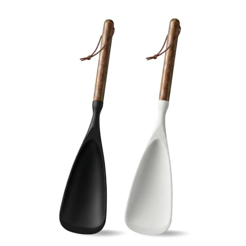 2-Pack Silicone Spoonula with Wooden Handle, BPA-Free Spatula Spoon for Nonstick Cookware, Heat Resistant Cooking Spoon for Mixing, Scraping, Scooping and Serving(Black&White) - color: black&white
