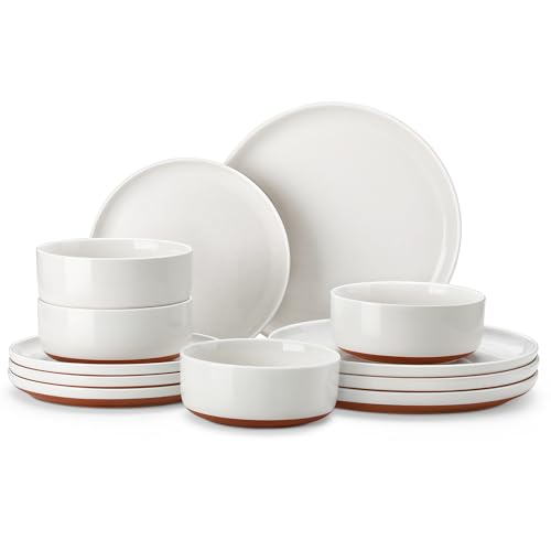 MALACASA Plates and Bowls Sets, 12 Pieces Modern Stoneware Dinnerware Set for 4 Kitchen Dinner Set Ceramic Dishware Dishes Set Microwave and Dishwasher Safe, White, Series TARA - color: White, size: 12 Pcs (Service for 4)