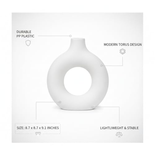 Modern Torus Ring Vase, Geometric Donut Shape Flower Holder for Home and Office Decor, White Plastic Sculptural Accent