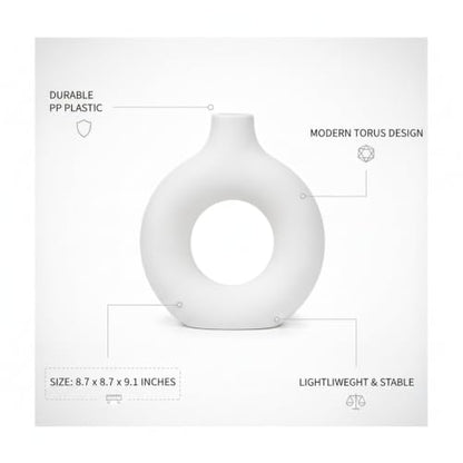 Modern Torus Ring Vase, Geometric Donut Shape Flower Holder for Home and Office Decor, White Plastic Sculptural Accent