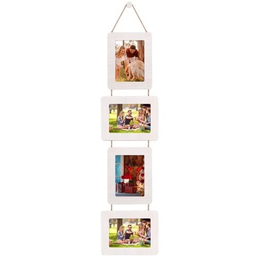 5x7 Collage Picture Frame, 4 Opening, Rustic Wood, Weathered White | Wall-Mounted Hanging Design, Displays 4x6 Photos with Mat or 5x7 Photos Without Mat, Three-Opening Layout - color: Vintage White, size: 4 Opening
