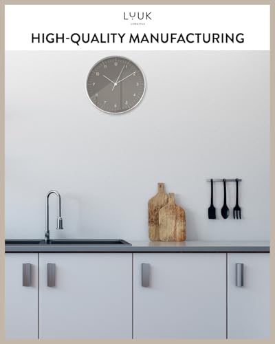 Modern Silent Quartz Wall Clock, 12in, Dark Grey & Gold | Chic & Minimalist, Non-ticking, Analog, Arabic numerals, Easy-to-read, Battery operated, for Living Room, Mantel, Foyer - color: Dark Grey, 12"