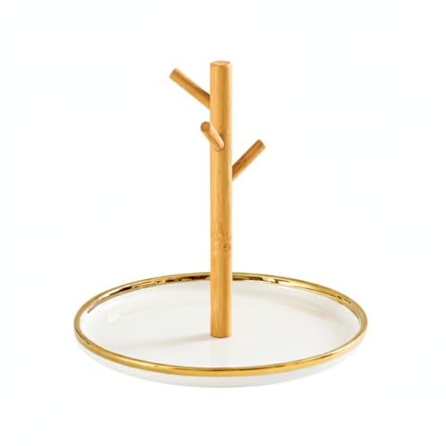 Ceramic Key Holder Tray with Hooks for Entryway, Desk, or Dresser Organization - Compact Catchall for Keys, Coins, and Jewelry - color: Gold