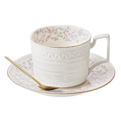Country Roses Porcelain Tea Cup and Saucer Set with Gold Trim, Vintage Style, For Women and Tea Parties (1, G) - color: G