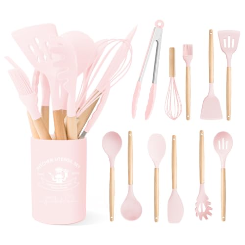 Kitchen Utensils Set Silicone Kitchen Utensils Set with Wooden Handle Utensils for Cooking Heat Resistant Silicone Non-Stick Cookware BPA FREE (Pink) - color: Pink