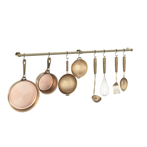 ROTHLEY Hanging Pot Rack Hanger: 39.4 Inch Stainless Steel Pot and Pan Hanger Pot Rack Wall Mounted Hanging Pots and Pans Rack Pot Hangers for Kitchen Wall Kitchen Rail with Hooks (Antique Brass) - color: Antique Brass, size: 39.4 inch